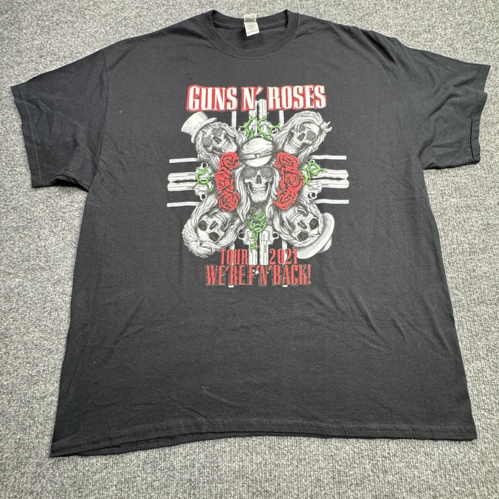 Guns N Roses Gildan T Shirt Mens 2XL Black Tour 2021 Were Fn Back Rock Concert